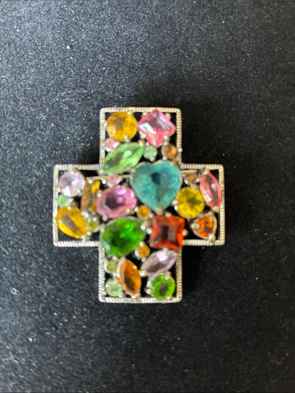 Multi colored gem stone cross brooch